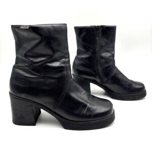 Vintage 90s Y2K Mudd DELIGHT Black Faux Leather Block Heel Square Toe Boots 10M
